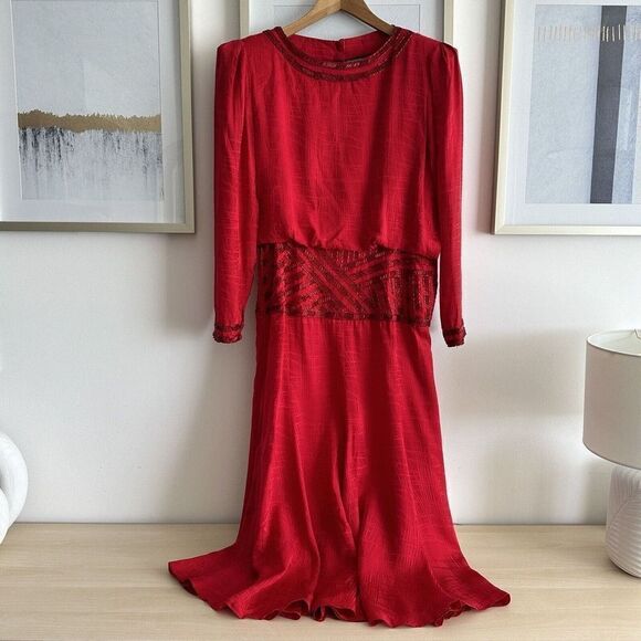 Vintage Silk Dress Womens 10 Dore Beaded Midi Red Cocktail Evening Embellished - Picture 6 of 12